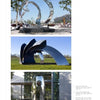 Three photos from Contemporary Sculptors by Schiffer Publishing, Ltd.: the top features sweeping mirrored arcs, the middle shows angular reflective petals, and the bottom displays a tall, arching piece with an open center.
