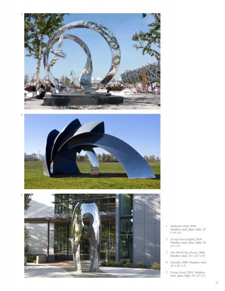 Three photos from Contemporary Sculptors by Schiffer Publishing, Ltd.: the top features sweeping mirrored arcs, the middle shows angular reflective petals, and the bottom displays a tall, arching piece with an open center.