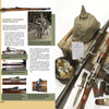 A spread from Schiffer Publishing, Ltd.’s "Mauser Rifles, Vol. 1" displays rifles, ammo, a helmet, medals, and gear on a crate, with text and vintage photos tracing the evolution from the Gewehr 71 to the G98 sniper Mauser.