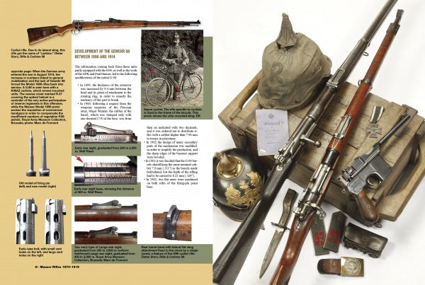 A spread from Schiffer Publishing, Ltd.’s "Mauser Rifles, Vol. 1" displays rifles, ammo, a helmet, medals, and gear on a crate, with text and vintage photos tracing the evolution from the Gewehr 71 to the G98 sniper Mauser.