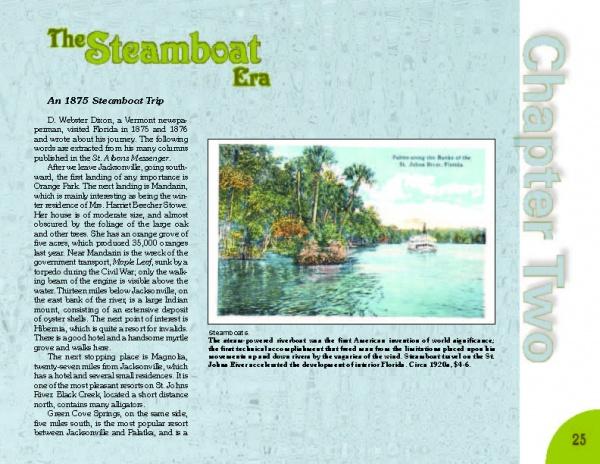A page from St. John's River by Schiffer Publishing, Ltd. shows "The Steamboat Era" and "Chapter Two" with an 1875 steamboat illustration on Florida’s St. Johns River, surrounded by trees, plus text on the region’s illustrated history.