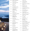 The contents page of Dream Houses on the Water (Schiffer Publishing, Ltd.) features waterfront homes and modern projects with indexed pages, alongside a dusk view of lantern-lit decks, lakeside houses, and rolling hills.