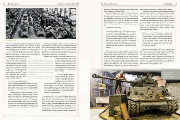 A two-page spread from "For Want of a Gun" by Schiffer Publishing, Ltd.: the left page shows a black-and-white warehouse of WWII tanks; the right displays a color photo of a Sherman tank with mannequin soldier in a museum.