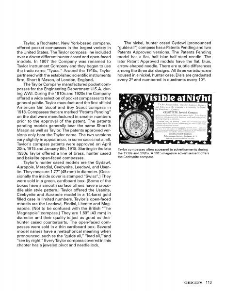 A page from Compass Chronicles by Schiffer Publishing, Ltd. features two columns on Taylor compasses and a black-and-white ad for Visible at Night models—perfect for compass collectors. Page 113 appears at the bottom.