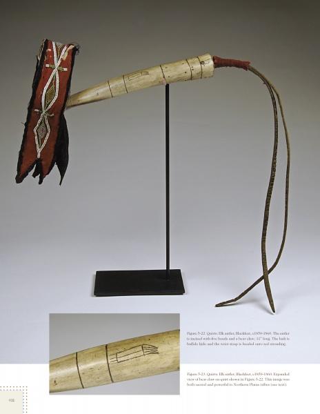 Schiffer Publishing, Ltd.’s Native American Horse Gear showcases a 19th-century ivory quirt with a red and black leather handle, engraved ivory body (close-up shown), and a long leather strap, displayed elegantly on a stand.