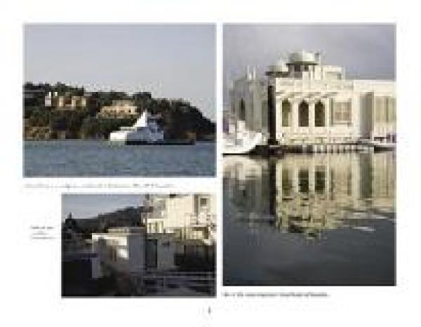 A collage of three images from Schiffer Publishing, Ltd.'s "Houseboats": a white ferry near hillside houseboats, a close-up of waterfront columns reflected in water, and a side view of the same building by the shore.