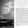 A two-page book spread: the left page features a grayscale statue of a woman and "Behind the Paranormal" by Schiffer Publishing, Ltd.; the right page, titled Chapter Five in a ghostly font, hints at investigators exploring paranormal cases.
