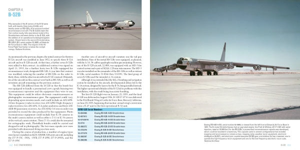 A two-page book spread from Schiffer Publishing, Ltd.'s "B-52 Stratofortress" features text and two color photos of a B-52 on a runway, covering the B-52B, its variants, and its key role in US nuclear deterrence.