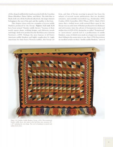 The Native American Horse Gear by Schiffer Publishing, Ltd. is a rectangular saddle blanket inspired by 19th-century styles, with geometric diamond and triangle patterns in warm orange, red, brown, and beige tones, and fringed along the bottom edge.