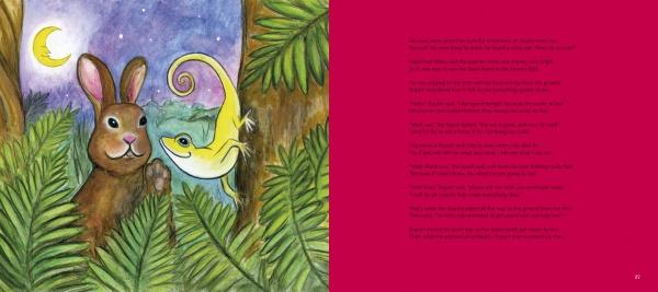 An illustrated bunny and yellow lizard peek through night foliage under the crescent moon and stars. The right is pink with text—perfect for children's adventure stories. Rupert's Tales by Schiffer Publishing, Ltd.