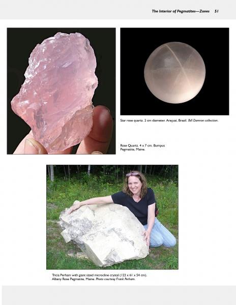 Three images: a hand holds a pink crystal prized by collectors, a round polished star-effect rose quartz, and a person outdoors with a large granite pegmatite—featured in "A Collector's Guide to Granite Pegmatites" by Schiffer Publishing, Ltd.