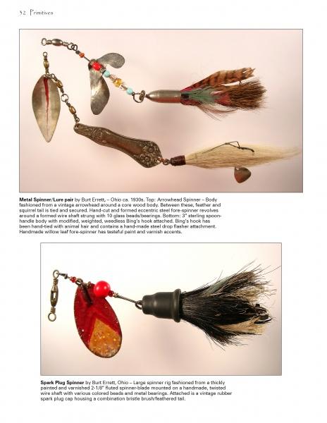 Two "Vintage Folk Art Fishing Lures and Tackle" by Schiffer Publishing, Ltd. are shown on a white background, each handcrafted with metal spinner blades, painted details, artificial hair or bristles, and finished with metal hooks.
