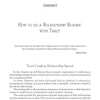 A book page titled "How to Do a Relationship Reading with Tarot" features Chapter 9, a Patty Duke quote, and introduces Schiffer Publishing, Ltd.'s Tarot Coupling for relationship readings using the Tarot Coupling Relationship Spread.