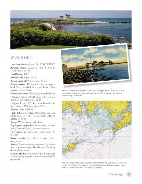 A page from "Lighthouses and Lightships of Rhode Island" by Schiffer Publishing, Ltd. features text and three images: a color photo of a coastal lighthouse on a jetty, a vintage postcard of it, and a nautical chart of its surrounding waterways.