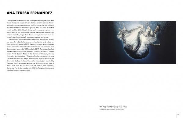 A two-page spread in "50 Contemporary Women Artists" by Schiffer Publishing, Ltd. shows text about Ana Teresa Fernández on the left and a painting of two women in white dresses floating above a dark sphere on blue on the right.