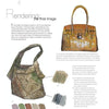 A page from "Designing Fashion Accessories" by Schiffer Publishing, Ltd. displays two illustrated handbags—a brown leather and a green camouflage—plus paint swatches and text about accessory rendering techniques.
