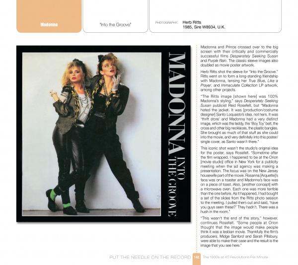 An image from "Put the Needle on the Record" by Schiffer Publishing, Ltd. features Madonna’s Into the Groove 1980s single cover with Madonna and another woman posing; a side panel details its release and impact on '80s music history.