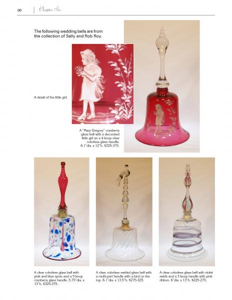 A catalog page features “Glass Bells from Around The World” by Schiffer Publishing, Ltd., displaying five uniquely designed, colorful bells. An inset spotlights a pink bell with a white girl motif. Each bell includes a descriptive caption.