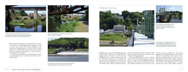 Delaware River Reflections by Schiffer Publishing, Ltd. features a two-page spread with photos of bridges, lush scenery, small towns, image captions, and text about Phillipsburg, NJ and its East Coast water source on the right page.