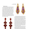 A page from "I Love Those Earrings" by Schiffer Publishing, Ltd. displays ornate pairs—one with large purple stones and gold detail at the top right, another with cascading red gems at the bottom left—showcasing women's jewelry history.