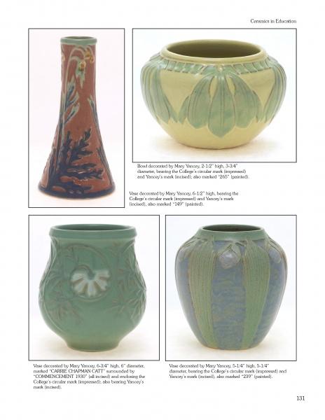 Page featuring four vases with intricate, earthy-toned designs from "Alternative American Ceramics, 1870-1955" by Schiffer Publishing, Ltd., highlighting tall, round, and flared forms in American art pottery.