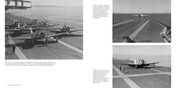 Three black-and-white photos depict WWII-era Douglas TBD Devastators: one shows multiple planes on a carrier deck, and two capture US Navy torpedo bombers landing and taking off. Product by Schiffer Publishing, Ltd.