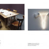 On white pages, a rectangular dining table with mismatched wooden chairs appears on the left; on the right, a neon uterus-shaped wall light—echoing feminist art from "50 Contemporary Women Artists" by Schiffer Publishing, Ltd.—is flanked by two white teacups.