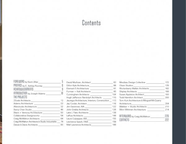 The table of contents in Contemporary Texas Architecture by Schiffer Publishing, Ltd. lists section titles, page numbers, and architects' names, including Foreword, Preface, and The Projects—showcasing climate-resilient Texas homes.
