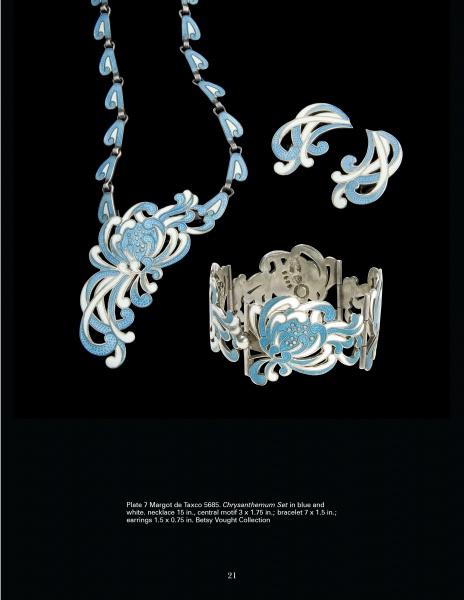 The Margot Van Voorhies set by Schiffer Publishing, Ltd. features mid-century-inspired blue and white chrysanthemum designs on a necklace, bracelet, ring, and earrings, all elegantly displayed on a black background.