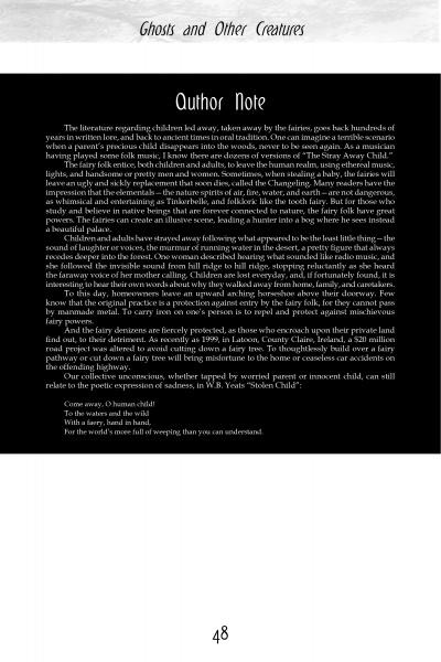 Page 48 of Eerie Encounters in Everyday Life by Schiffer Publishing, Ltd. features an Author Note about myths of fairies abducting children among ghosts and other beings, on a white page with black and grey text.