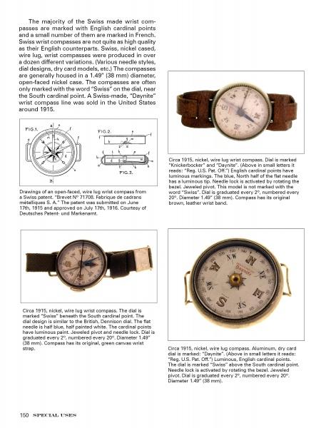 A page from Compass Chronicles by Schiffer Publishing, Ltd. shows text on Swiss wrist compasses, photos of three vintage models from above, and a labeled technical drawing—ideal for compass collectors and history enthusiasts.