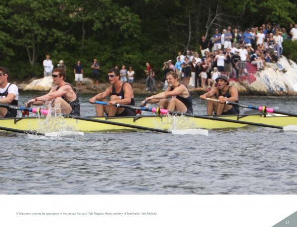 Four rowers in a yellow boat race fiercely as spectators watch from the tree-lined shore—a thrilling scene from *A History of Collegiate Rowing in America* by Schiffer Publishing, Ltd.