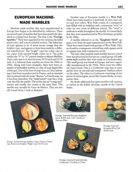 A page from Marble Mania by Schiffer Publishing, Ltd. features images of colorful marbles—spaghetti, Czech corkscrews, wire pulls—plus details on values and tips for marble identification.