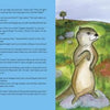 Two otters chat with a smiling dolphin by a pond, amid hills and a tree. The left page of "Rupert's Tales" by Schiffer Publishing, Ltd. features a rabbit, otters, and story text about compassion from children's adventure tales.