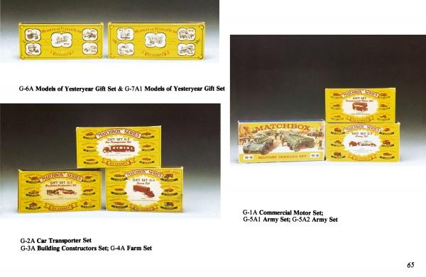 Four vintage yellow Lesney's Matchbox Toys gift set boxes from Schiffer Publishing, Ltd. are displayed on a white background, each showing illustrated model vehicles and set names—a nostalgic find for collectors and enthusiasts.