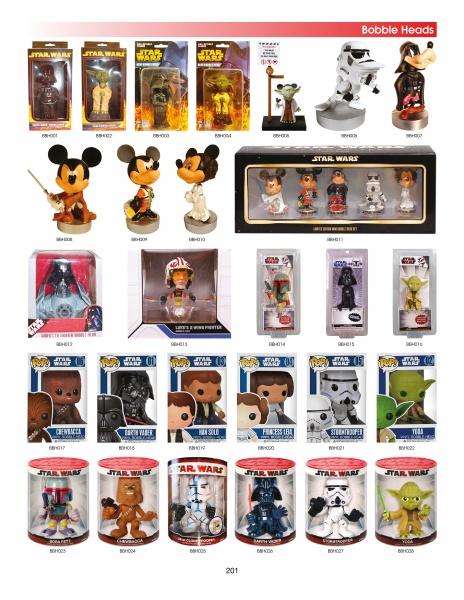 Star Wars Toys by Schiffer Publishing, Ltd. are on display in boxes, featuring Darth Vader, Yoda, Chewbacca, Stormtroopers, and Disney character bobbleheads like Mickey Mouse in various costumes.