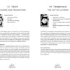 A two-page spread from *Intuitive Wisdom* by Schiffer Publishing, Ltd. features Tarot card images for Death and Temperance, including upright meanings, symbolic guidance, intuitive descriptions, and small illustrated page numbers.