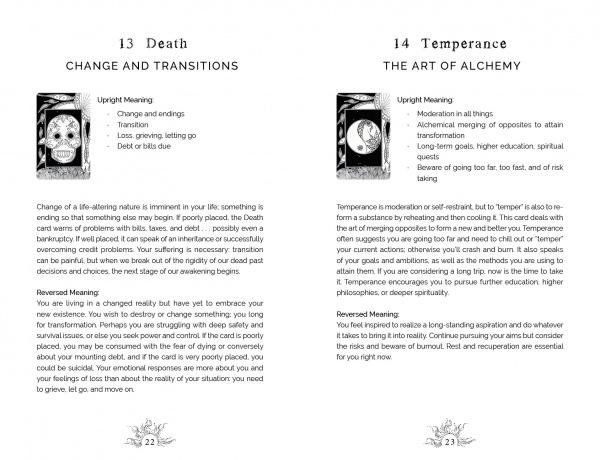 A two-page spread from *Intuitive Wisdom* by Schiffer Publishing, Ltd. features Tarot card images for Death and Temperance, including upright meanings, symbolic guidance, intuitive descriptions, and small illustrated page numbers.