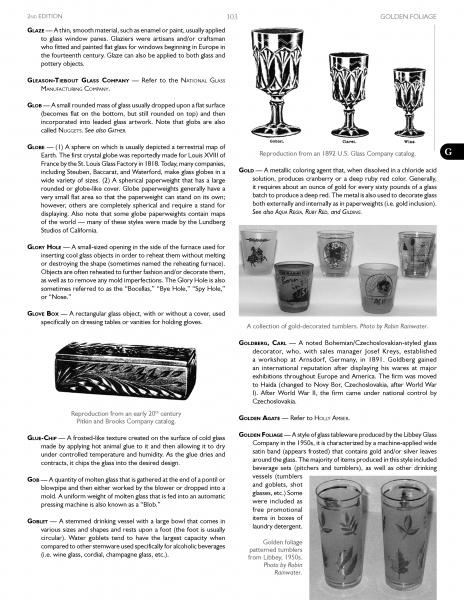 A black-and-white catalog page from Schiffer Publishing, Ltd.'s "The Encyclopedia of Glass" showcases illustrations and photos of ornate goblets and tumblers, with detailed descriptions and historical notes for glass enthusiasts.