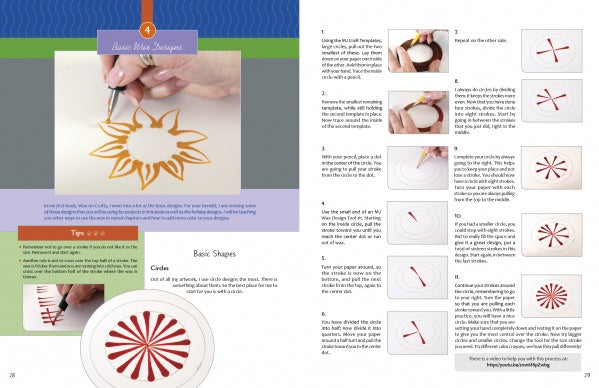 Two pages from "Wax on Crafts Holiday Projects" by Schiffer Publishing, Ltd. feature step-by-step guides with photos and instructions for paper quilling and crayon crafts, like drawing petals and making basic shapes.