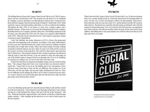 A two-page spread from "Savannah's Afterlife II" by Schiffer Publishing, Ltd. features Congress Street Social Club’s haunted history, details on paranormal investigations, and a black-and-white photo of its sign reading “Congress Street SOCIAL CLUB Est. 2008.”.