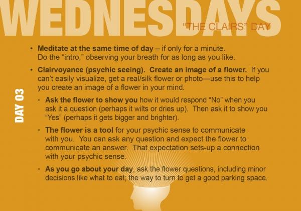 A golden-yellow graphic titled "Wednesdays 'The Clairs' Day" highlights Schiffer Publishing, Ltd.'s "Build Your Psychic Skills," offering a 90-Day Plan with meditation, clairvoyance exercises, intuitive decision-making, and unique activities.