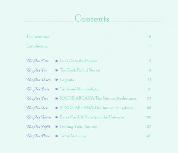 The Tarot of the Kingdoms by Schiffer Publishing, Ltd. features a light blue table of contents on a pale background, listing chapters on Tarot cards, movies, story decks, layouts, numerology, arcana, purpose, divination, and tarot alchemy with page numbers.