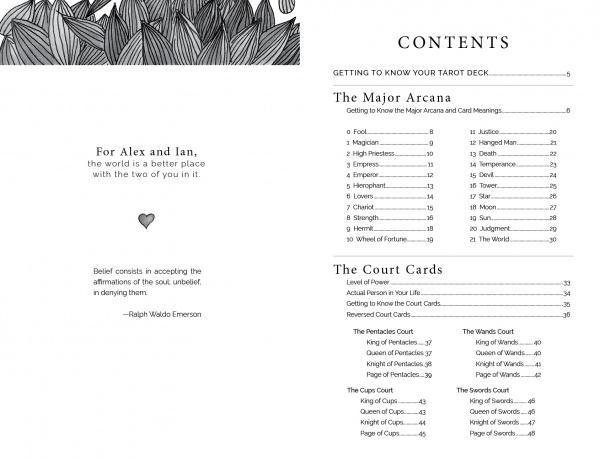 The Intuitive Wisdom book by Schiffer Publishing, Ltd. features a floral contents page, a dedication to Alex and Ian, an Emerson quote, and a table of contents covering intuitive Tarot cards, major arcana, and court cards.