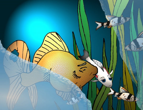 A cartoon yellow fish with closed eyes swims among plants and striped fish in a blue scene with bright light—an ideal illustration from “The Fish Tank” by Schiffer Publishing, Ltd., perfect for a children's aquarium book.