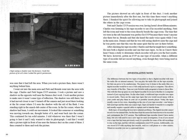 A black-and-white photo in *Ghost Hunting in Michigan* by Schiffer Publishing, Ltd. shows a shadowy figure near a basement column, alongside text describing Michigan ghost hunts and investigators' personal experiences at haunted sites.