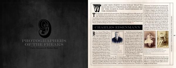 An open book from Schiffer Publishing, Ltd.'s "Freaks of Sideshow and Film" shows a dark left page titled "9 Photographers of the Freaks" and a right page with vintage photos and a Charles Eisenmann circus history article.