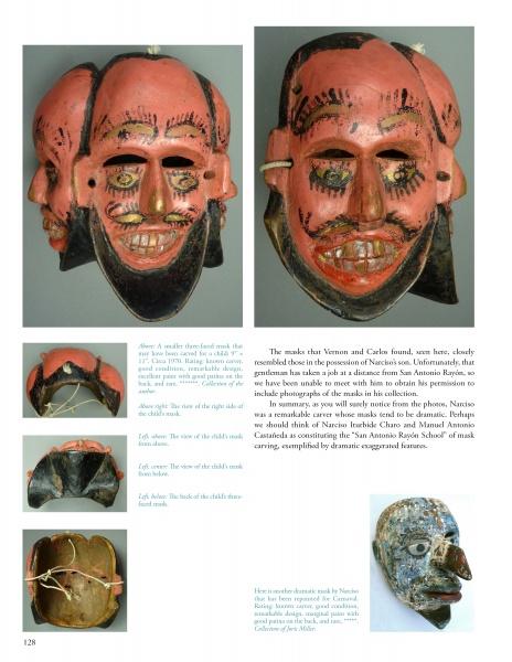 A page from "Mexican Masks and Puppets" by Schiffer Publishing, Ltd. shows Sierra de Puebla masks with exaggerated features and prominent teeth, carved by Indigenous artists, with descriptive text and close-up images from various angles.