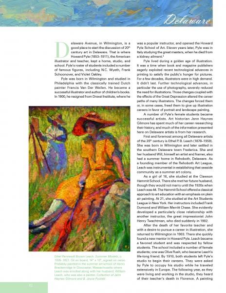 A vibrant painting of three women in hats appears in the lower left corner of a page from "100 Plein Air Painters of the Mid-Atlantic" by Schiffer Publishing, Ltd., accompanying an article on Howard Pyle’s impact on art in Delaware.