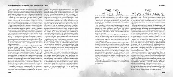 Two pages from "Grim Shadows Falling" by Schiffer Publishing, Ltd. show black text on white; right page titles—The End of Unit 731 and The Hauntings Begin—hint at haunted places and chilling true crime events.